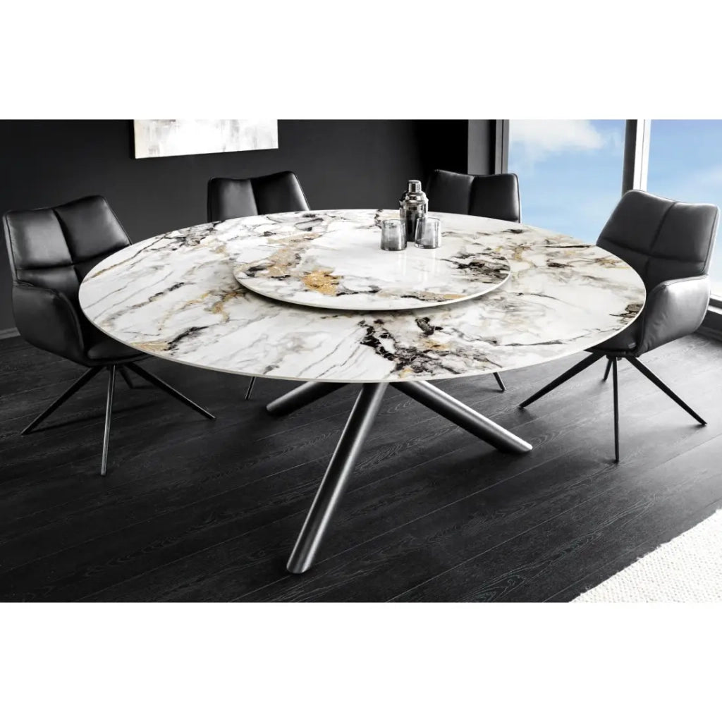 Table AXYA – Rotonda 150 cm – Piano in ceramica e vetro temperato effetto marmo bianco con piano superiore rotante