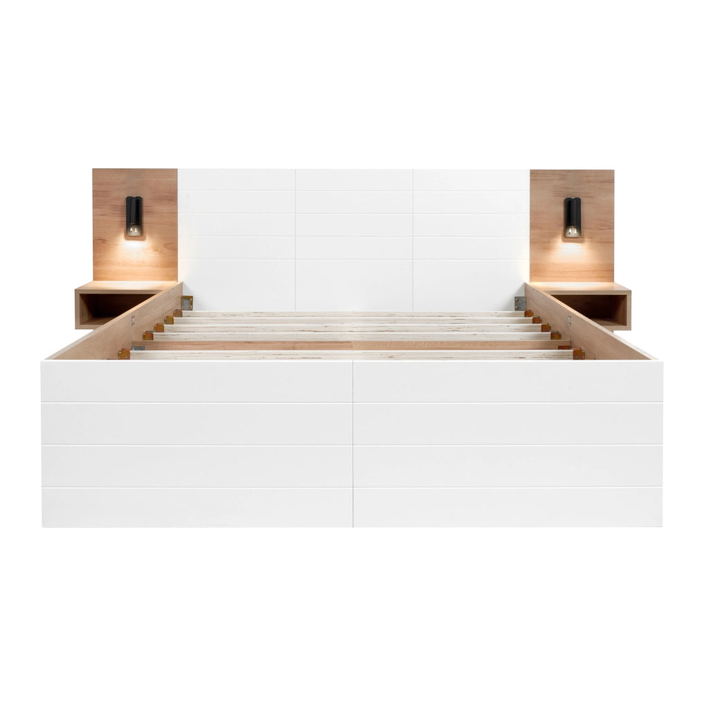 Letto matrimoniale 160x200 cm con 2 cassetti; luce da lettura e ricarica USB; bianco e rovere
