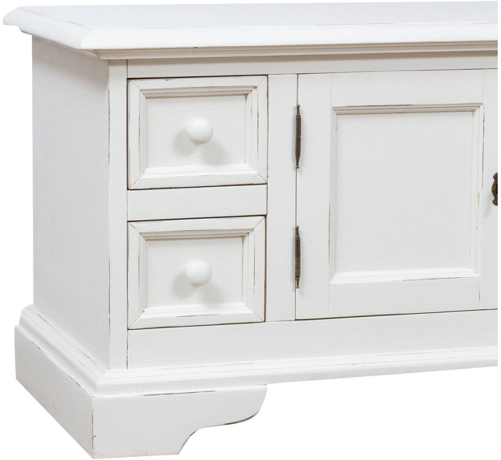 Biscottini Mobile porta tv Country in legno massello di tiglio finitura bianca anticata L150xPR51xH56 cm. Made in Italy