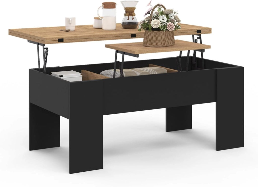 Tavolino rettangolare alzabile TARA in legno nero e finto faggio