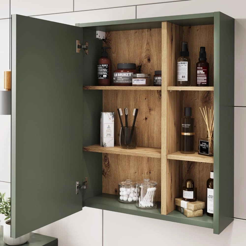 Mobile a specchio per bagno Viola, Verde/Artigianale, 60 x 75 cm con ripiani aperti, adatto al montaggio a parete per l'uso in bagno