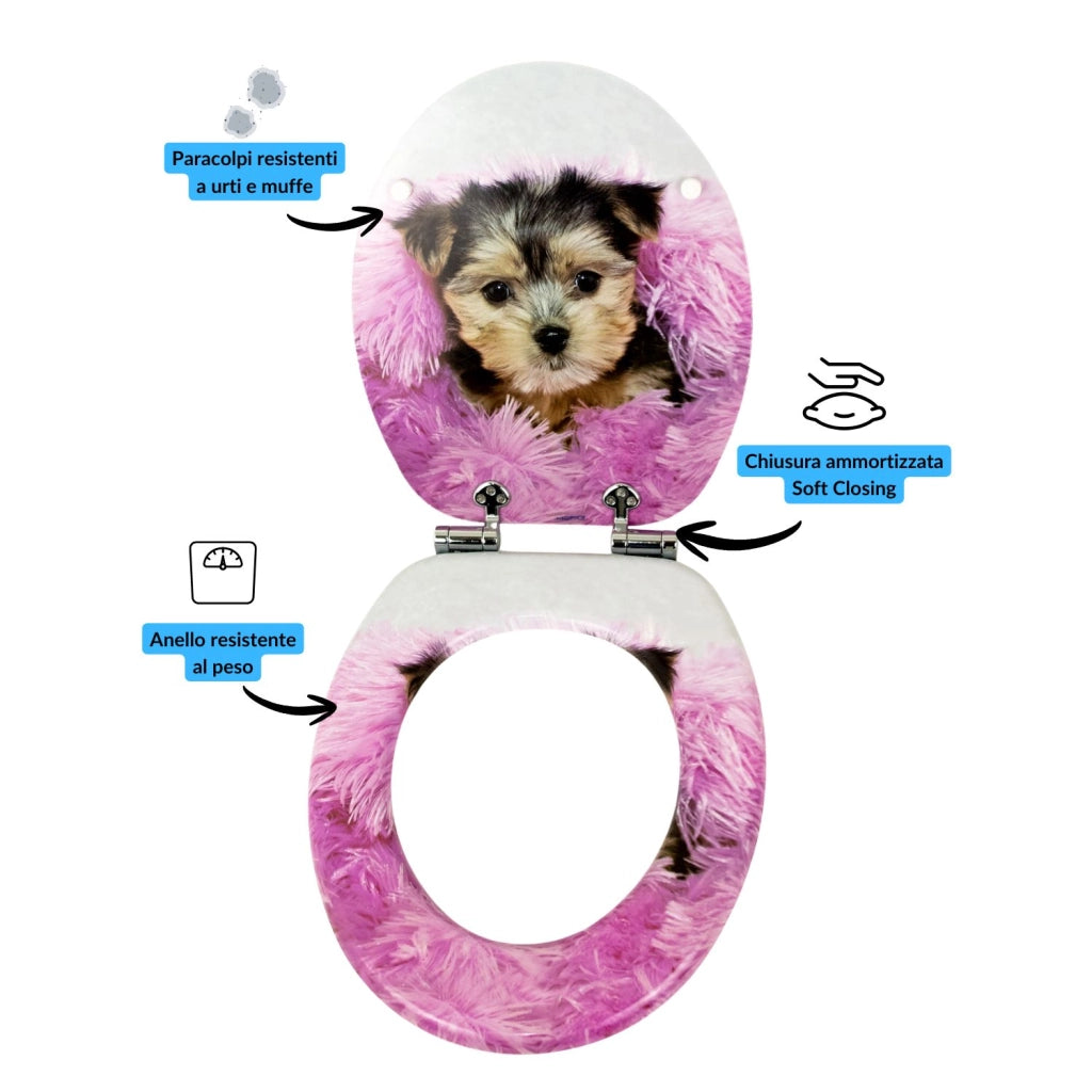 Sedile wc copri vater universale frizionato fantasia in mdf chiusura rallentata *** fantasia pink dog, confezione 1