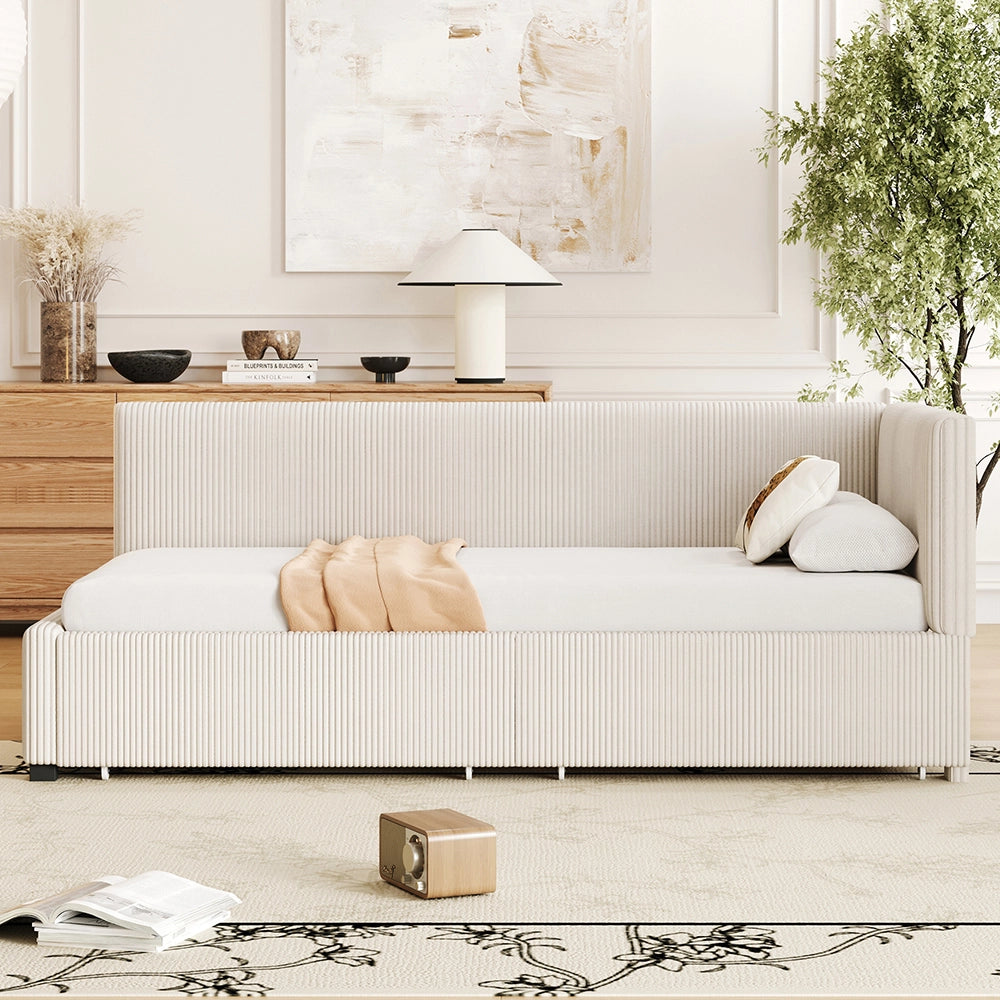 Letto a panca con 2 grandi cassetti - Xylo - 90x200 cm - Beige - Con rete a doghe