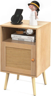 Comodino in legno, con porta in rattan e gambe in pino, tavolino con armadio e ripiano aperto, per camera da letto, soggiorno, 40 x 39 x 70 cm, naturale