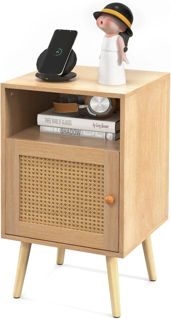 Comodino in legno, con porta in rattan e gambe in pino, tavolino con armadio e ripiano aperto, per camera da letto, soggiorno, 40 x 39 x 70 cm, naturale