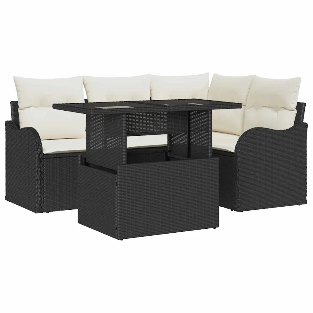 Set da pranzo per esterni con cuscino 5 pcs Nero Poly Rattan