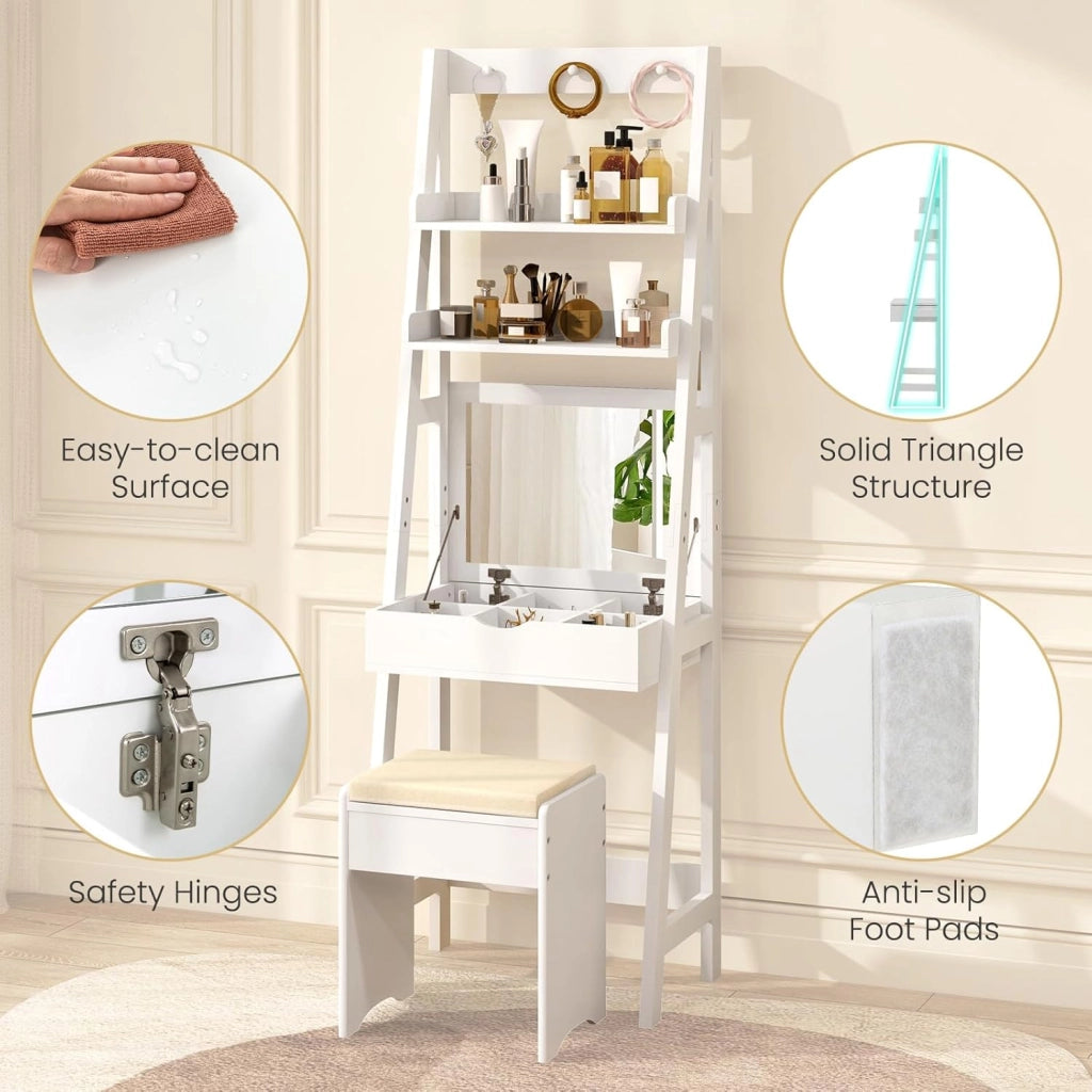 Tavolo da Toeletta con Sgabello con 3 Ganci, Scaffale da Stocaggio per Cosmetici, Set Mobile Camerette con Specchio Apribile, 60x40x180 cm