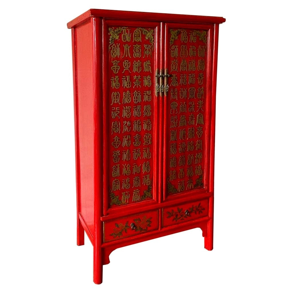 Armadio in legno dipinto a mano, 2 porte e 2 cassetti, rosso 100x57x183