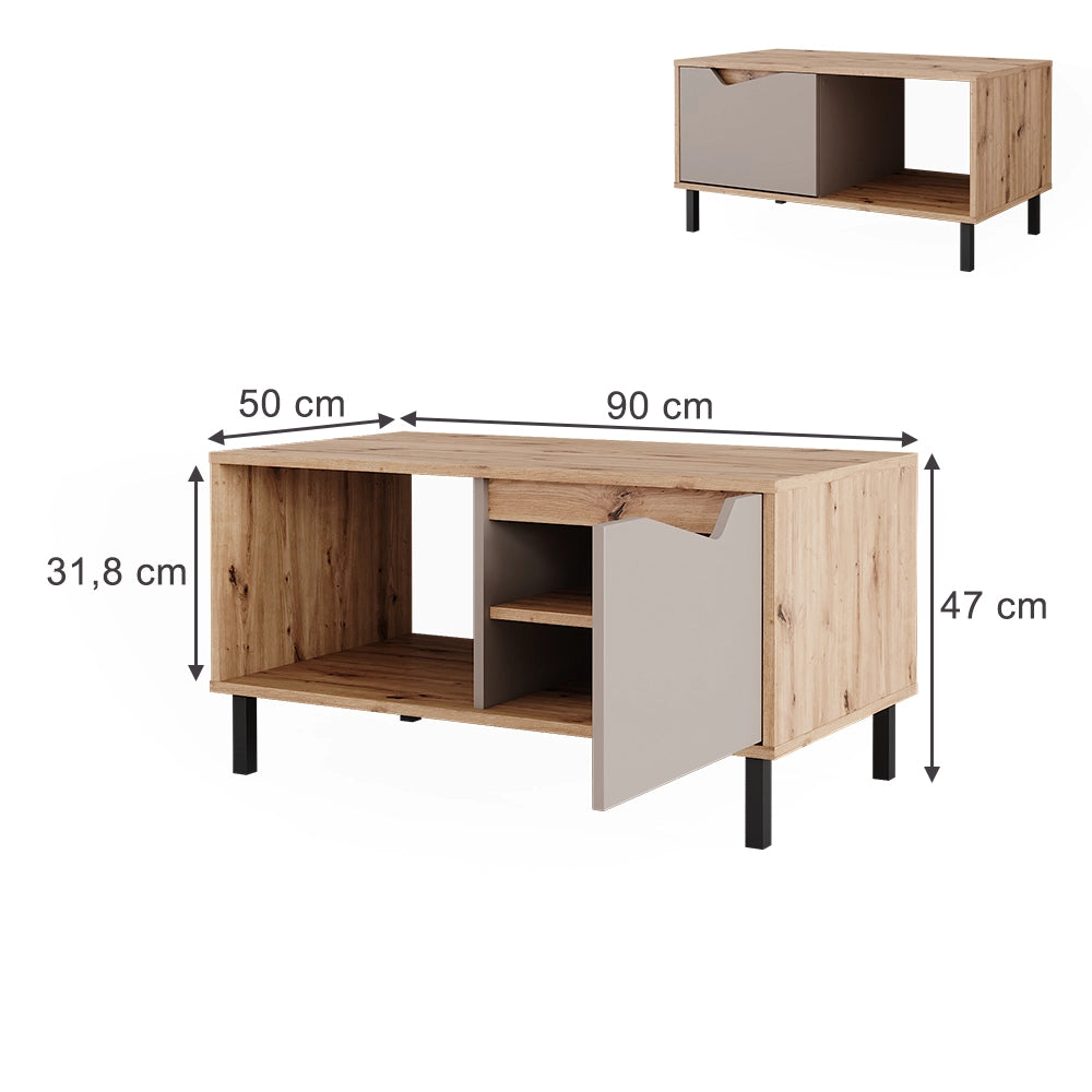 Vicco Tavolino da salotto Greige/rovere artigianale 90 x 50 cm con 1 porta