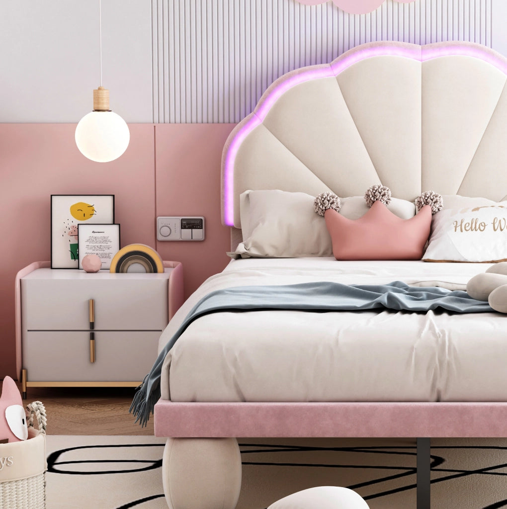 Letto singolo imbottito 90x200 cm in velluto beige e rosa con LED multicolore