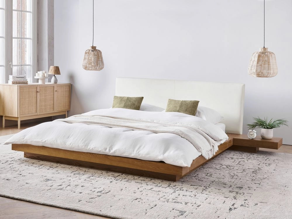 Letto in stile giapponese in frassino naturale 160 x 200 cm testata in MDF impiallacciato in legno testata in pelliccia sintetica