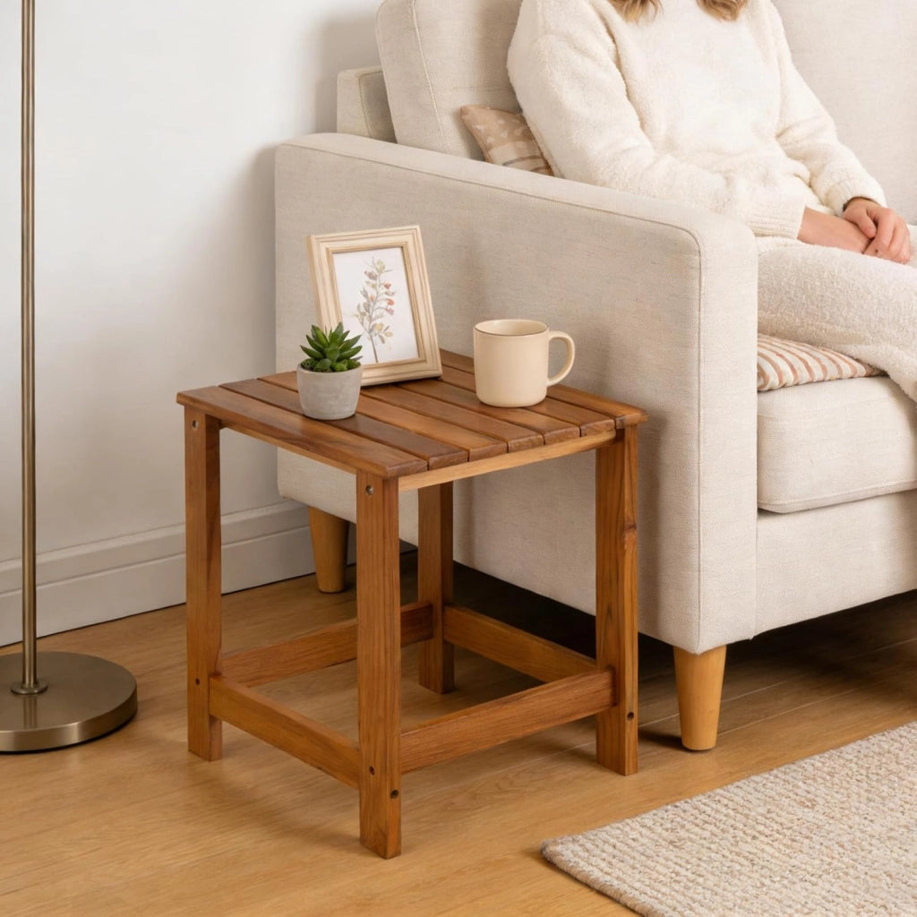 Tavolino da esterno in teak, tavolino da caffè in legno, tavolini per giardino, cortile, camera da letto, soggiorno, divano laterale, contenitore per bagno