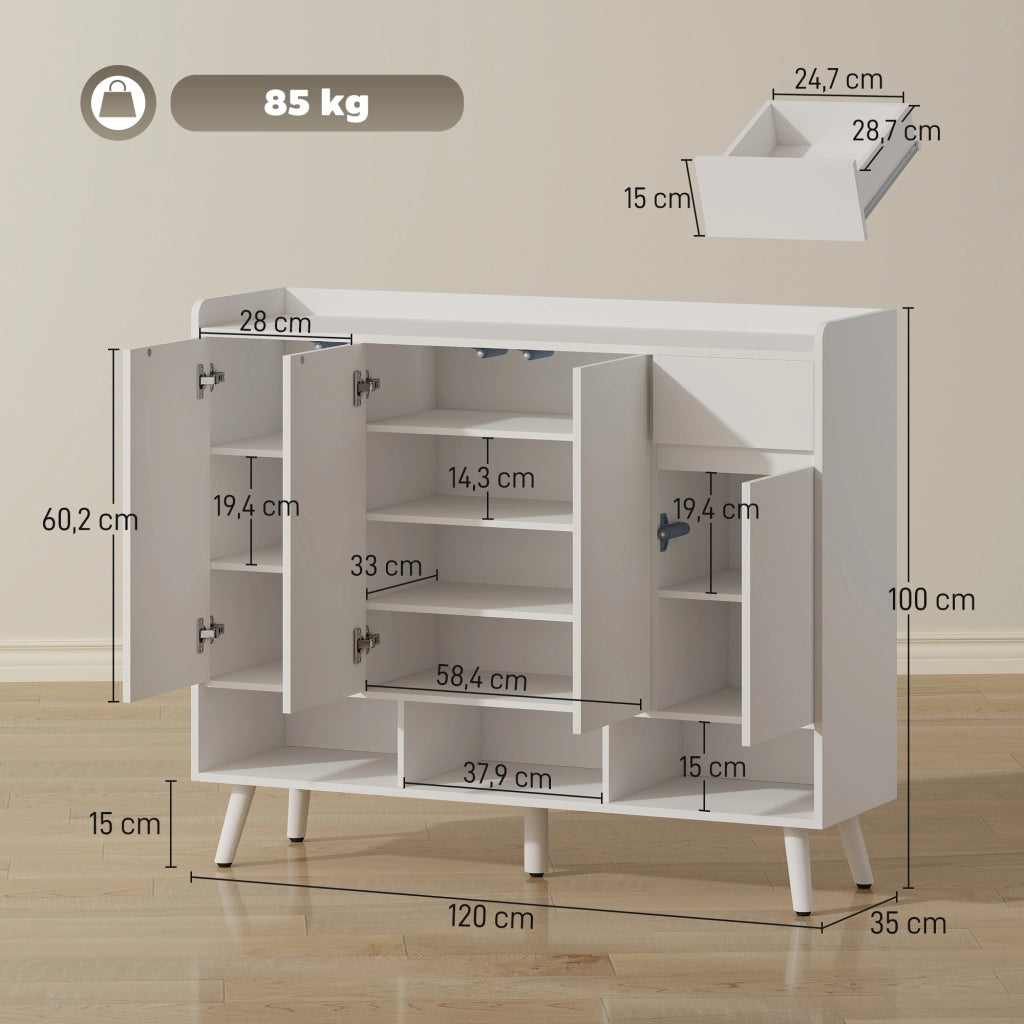 Scarpiera MDF bianca 120×35×100 cm, ante push‑open, ripiani regolabili, cassetto, kit antiribaltamento per ingresso