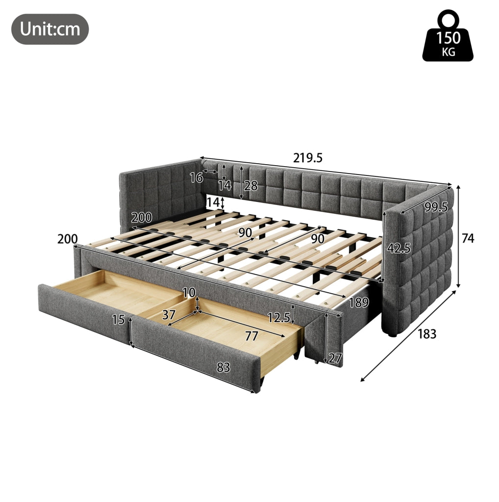 Letto divano 90x200 cm; estraibile con 2 cassetti; velluto; grigio; (Senza materasso)