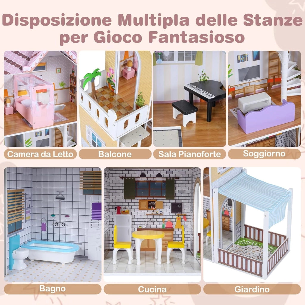 Casa delle Bambole in Legno, Casa Barbie a 3 Piani con Mobili, Ascensore, Balcone, Giardino e 16 Accessori, Fai-da-Te Giocattolo per Bambini 3+ Anni,102 x 34 x 120,5 cm