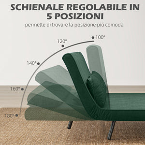 Divano Letto Singolo con Schienale Regolabile 102x73x81 cm in Tessuto Effetto Velluto Verde