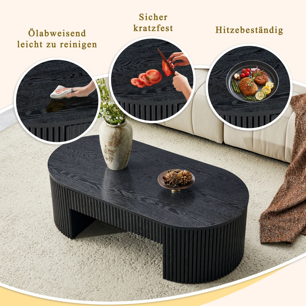 Tavolino basso ovale con cassetto e vano aperto, rivestimento a scanalature, per soggiorno, nero 118 × 65 × 17 cm