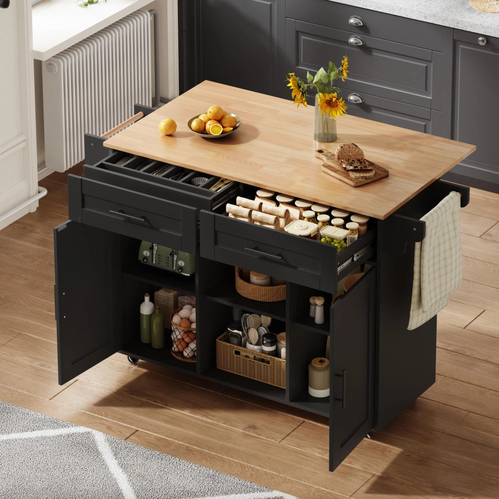 Isola Cucina Multifunzionale con Piano Pieghevole ¨C MINIMAL ¨C 145x45x94,5 cm, Ripiani, Rotelle