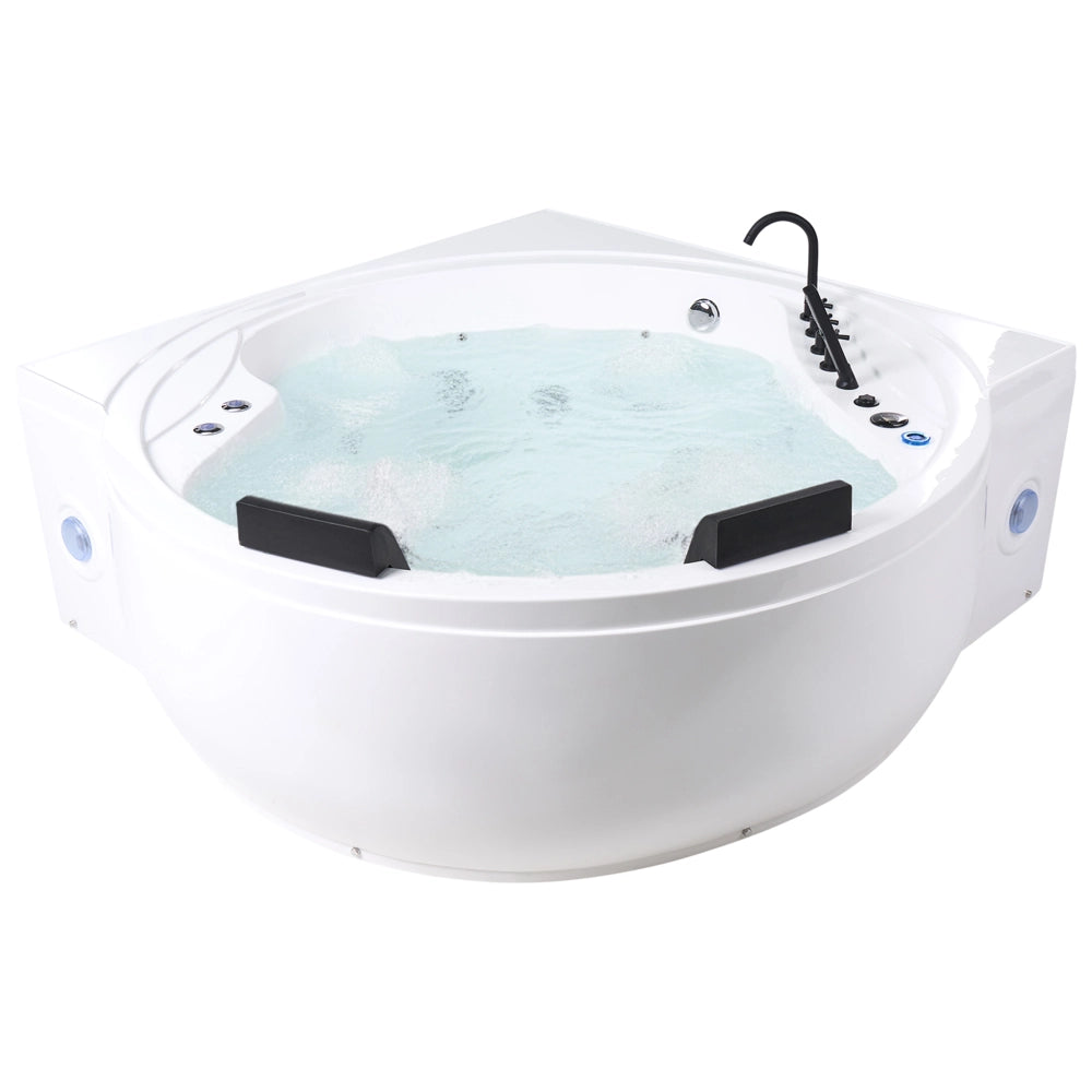 Vasca idromassaggio angolare in acrilico bianco 2250 x 1600 mm con luci LED altoparlanti Bluetooth porta USB getti massaggianti e poggiatesta