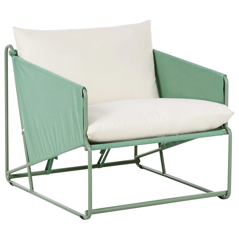 Set composto da divano basso oversize e 2 sedie in metallo con cuscini per schienale e seduta da interno ed esterno verde stile moderno e rustico