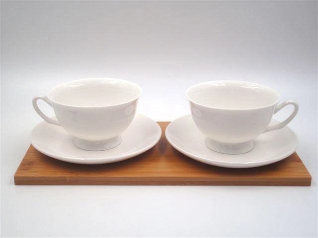 Set 2 tazze tazzine con piattini in ceramica + vassoio in bamboo
