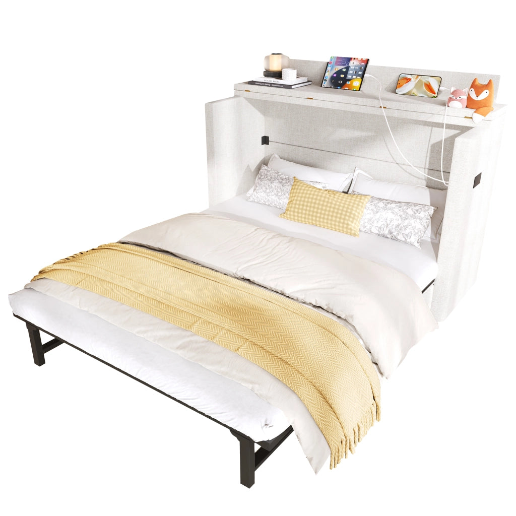 Letto a scomparsa 140 × 200 cm 2 posti con cassetto; USB e porta tipo C; senza materasso; in lino beige