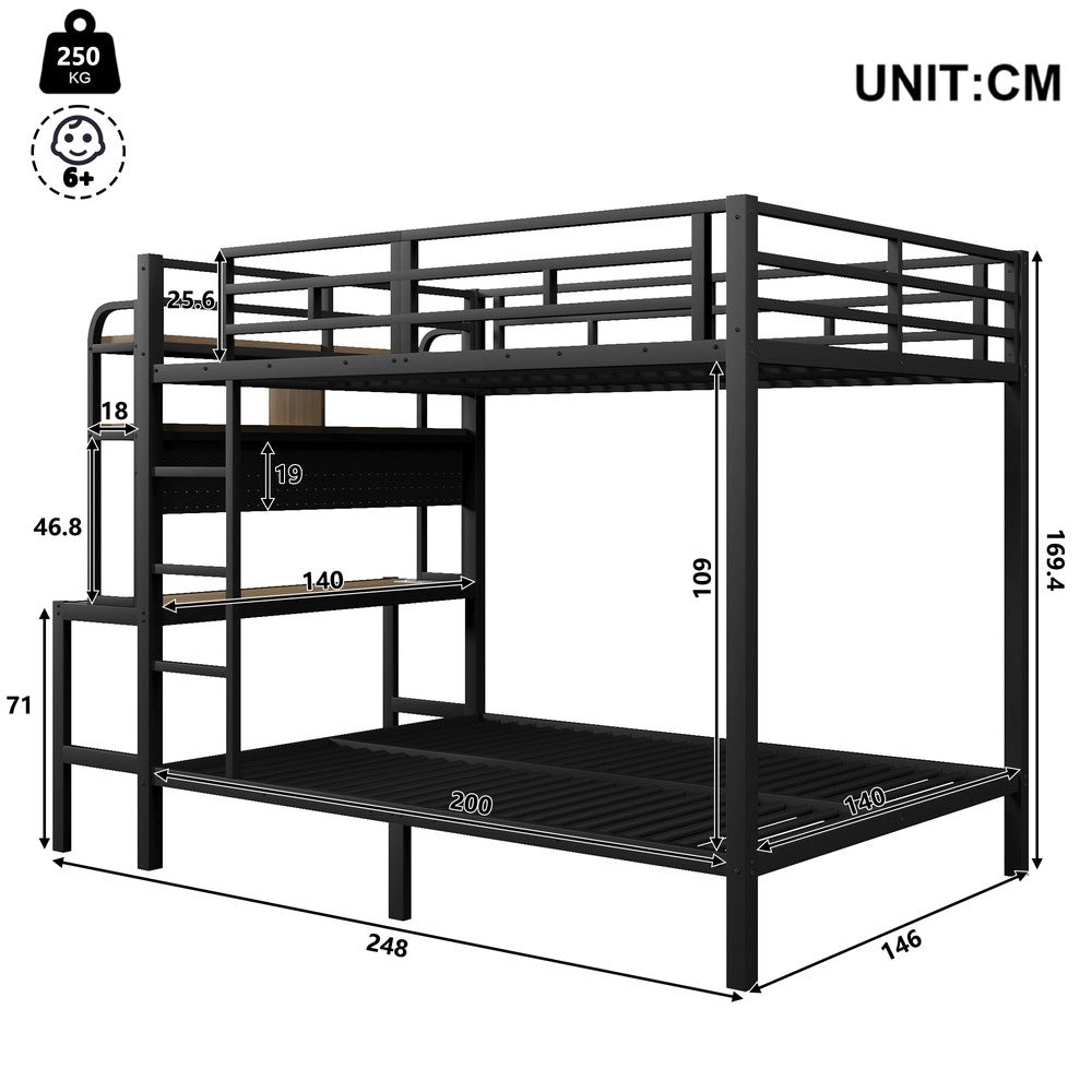 Letto a castello con scrivania e LED ¨C Minimal ¨C nero metallo 140x200 cm