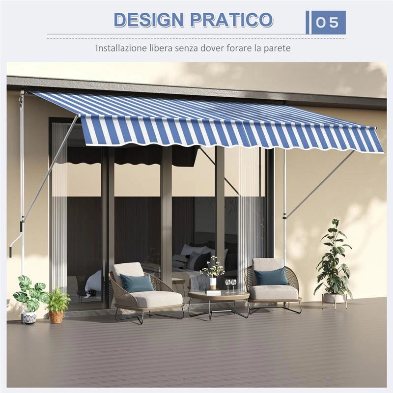 TENDA DA SOLE A BRACCI CON MANOVELLA 300 X 150 CM RIGHE BIANCHE E BLU