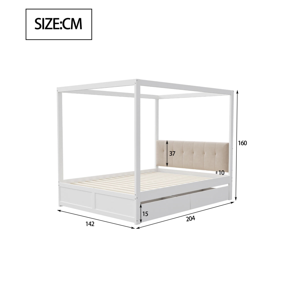 Letto a tenda 140x200 cm con testiera imbottita e 2 cassetti; bianco