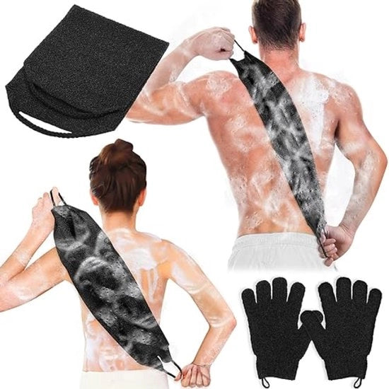 Set di spazzolino per il corpo e guanti da bagno in nylon per la pelle morta – adatto per doccia e bagno (nero, 3 pezzi)