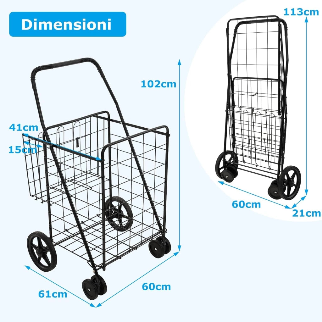 Carrello Portaspesa Pieghevole, Carrello Spesa con Ruote Girevoli a 360° e Borsa Impermeabile Removibile, Capacità di Carico 40 kg, 102L, 61 x 60 x 102 cm