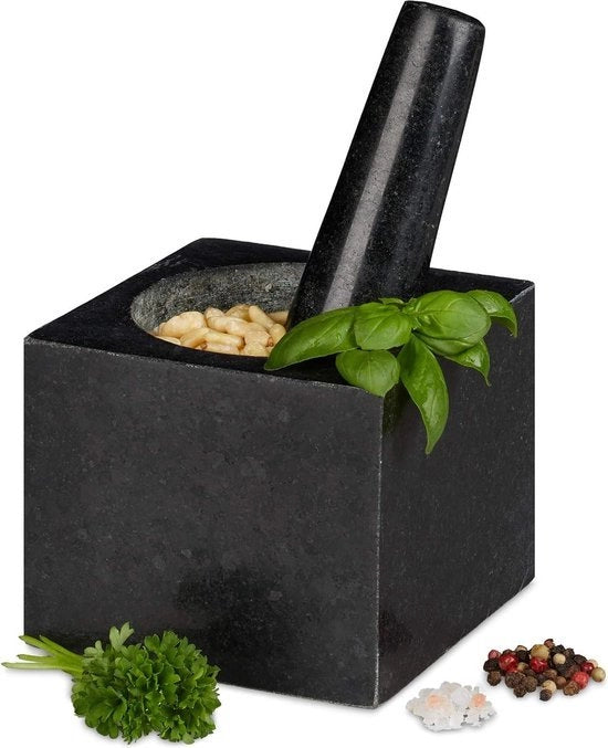Vijzel quadrato sostenibile con stampatore - spezie erbe - 9,5x11x11cm - 250 ml - grigio