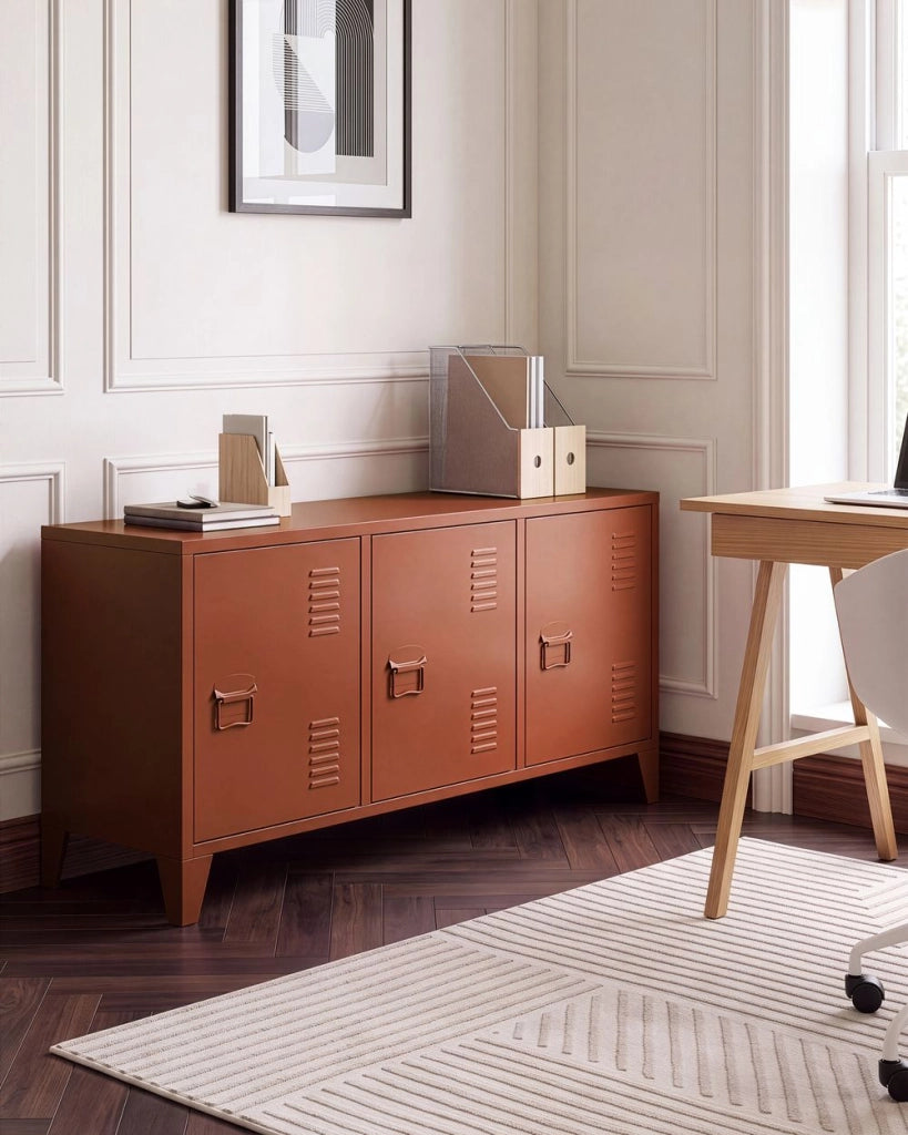 Credenza in acciaio, 3 ante, ripiani regolabili, marrone dorato stile industriale home office