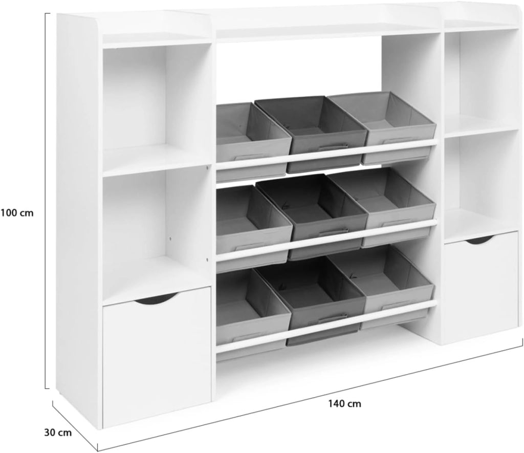 Contenitore per bambini MANA con 7 ripiani, 6 contenitori in tessuto e 2 cubi su rotelle, bianco