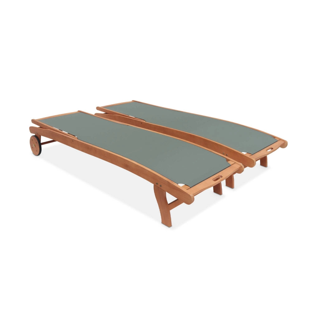Set 2 lettini prendisole in legno multiposizione con ruote, verde kaki