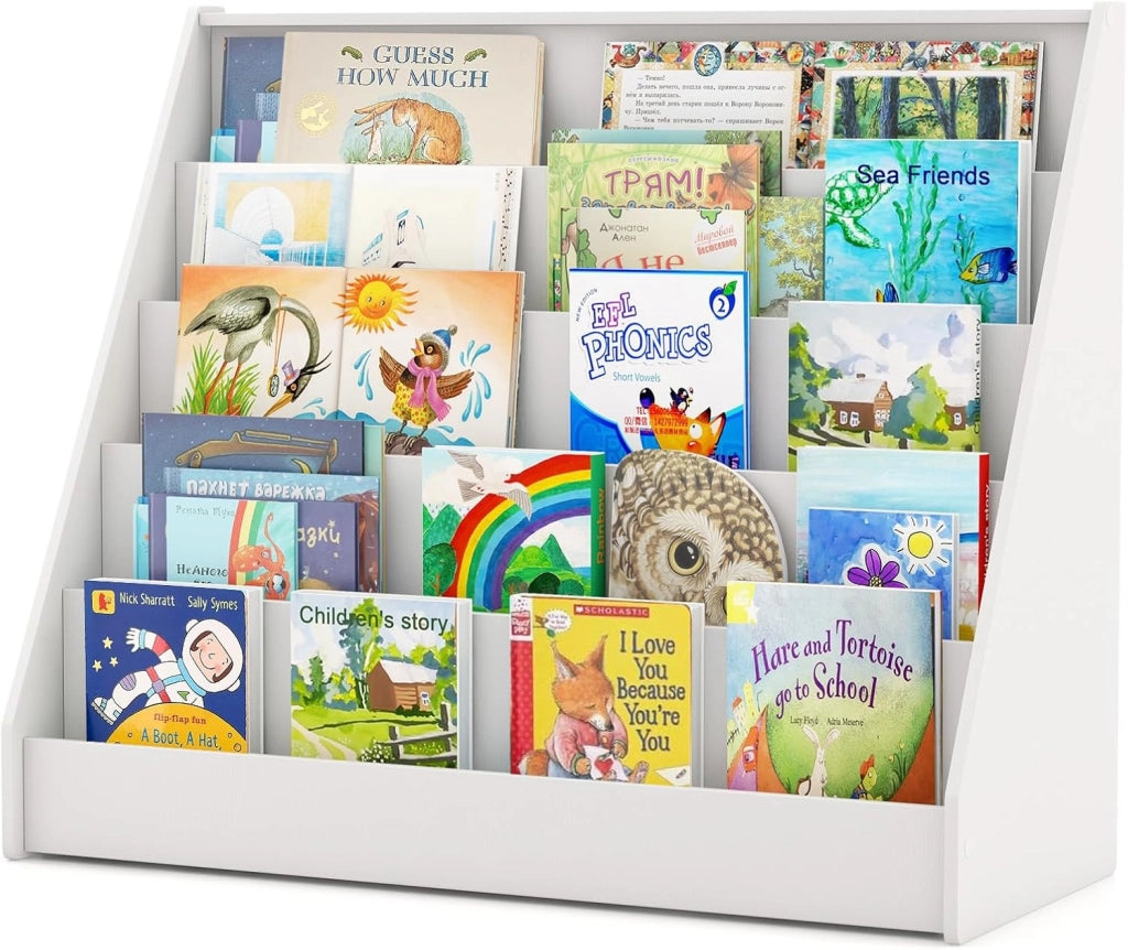 Libreria Montessoriana per Bambini a 5 Livelli, Scaffali Espositivi con Spazio Nascosto sul Retro e Antiribaltamento, per Cameretta, Soggiorno e Asilo Nido, 91 x 38 x 76,5 cm (Naturale)