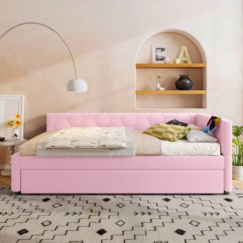 LETTO 90x200 cm in Bouclé Rosa con letto estraibile, USB e Tipo-C