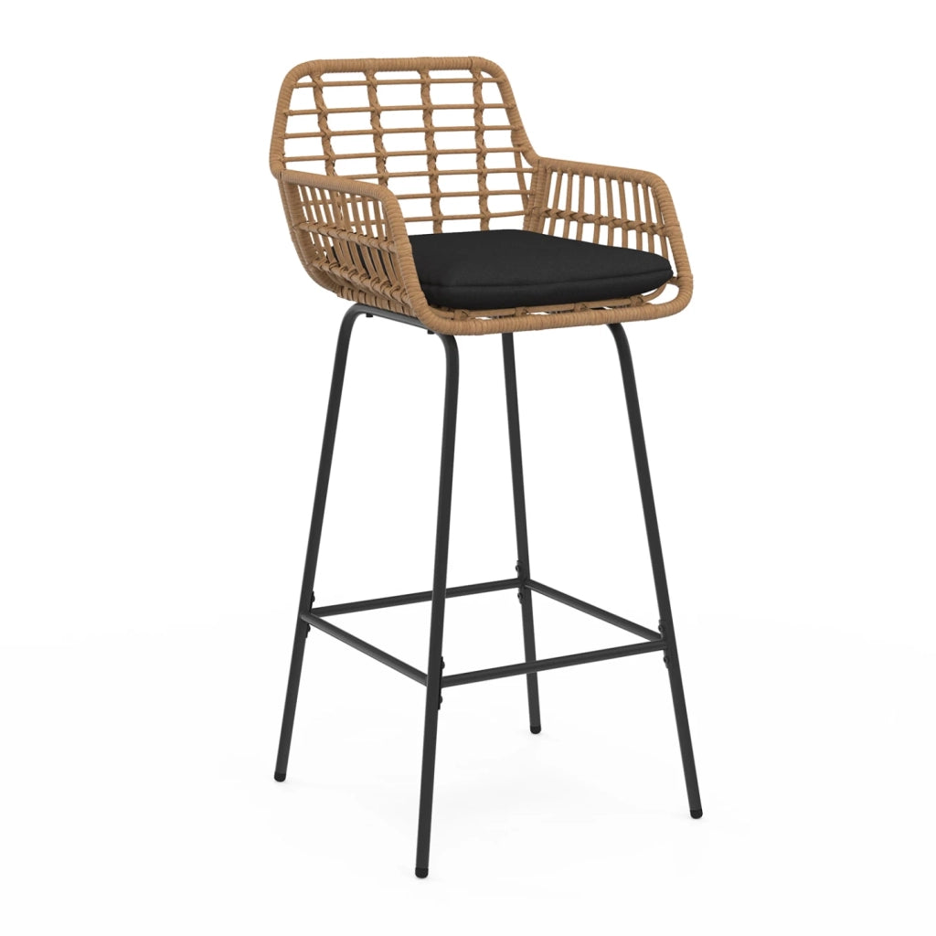 IDMarket - Set di 2 sgabelli da bar SUMMER con braccioli effetto rattan beige e gambe in metallo nero
