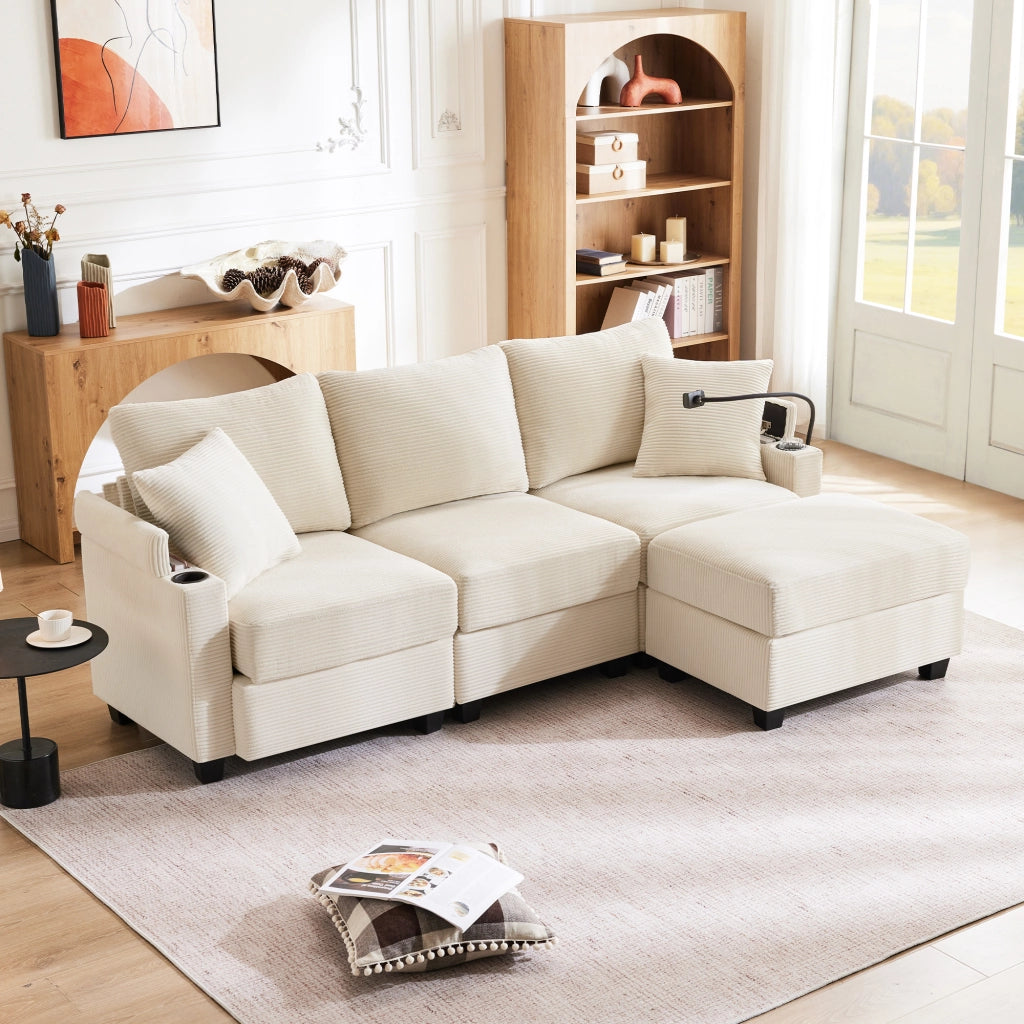divano angolare reversibile 3 posti con pouf; portaoggetti; usb e tasche; in velluto a coste beige