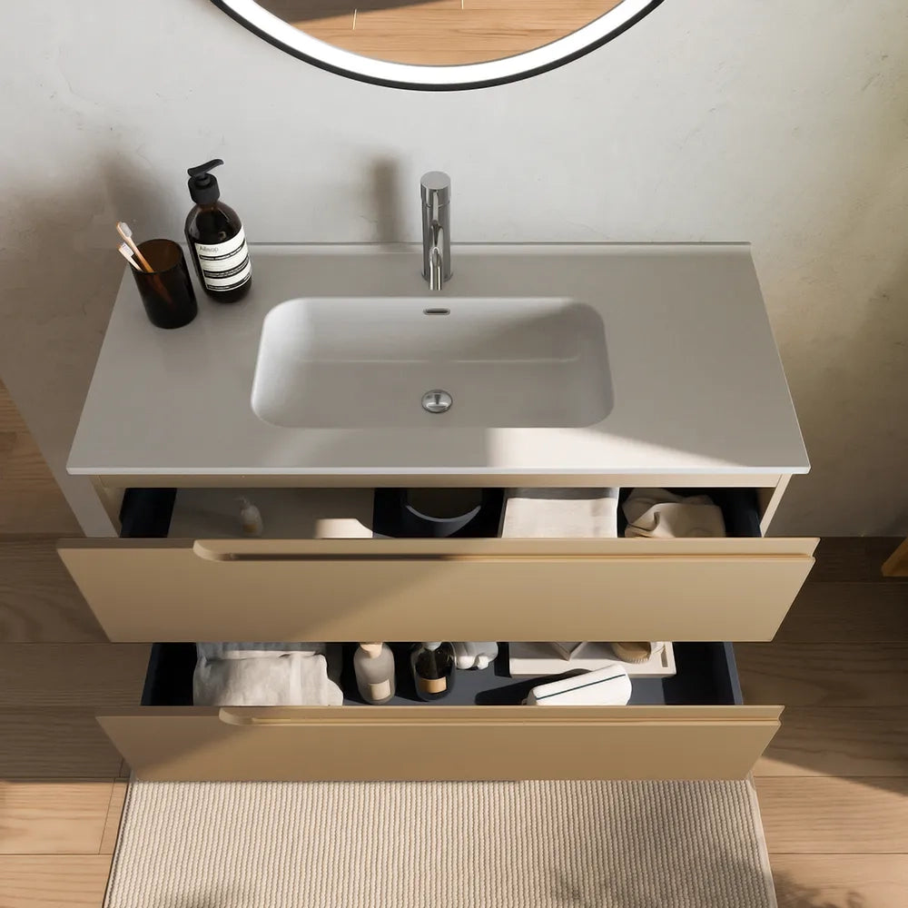 Mobile bagno sospeso 90 cm due cassetti sabbia opaco con lavabo | Ardenne