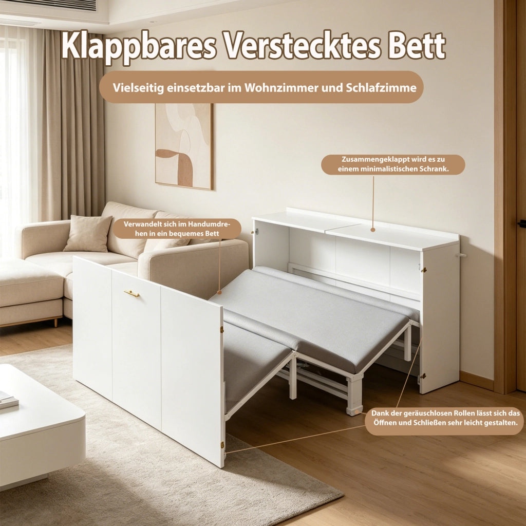 Letto a scomparsa 140 × 200 cm con ruote silenziose, materasso incluso, struttura in legno e metallo, bianco