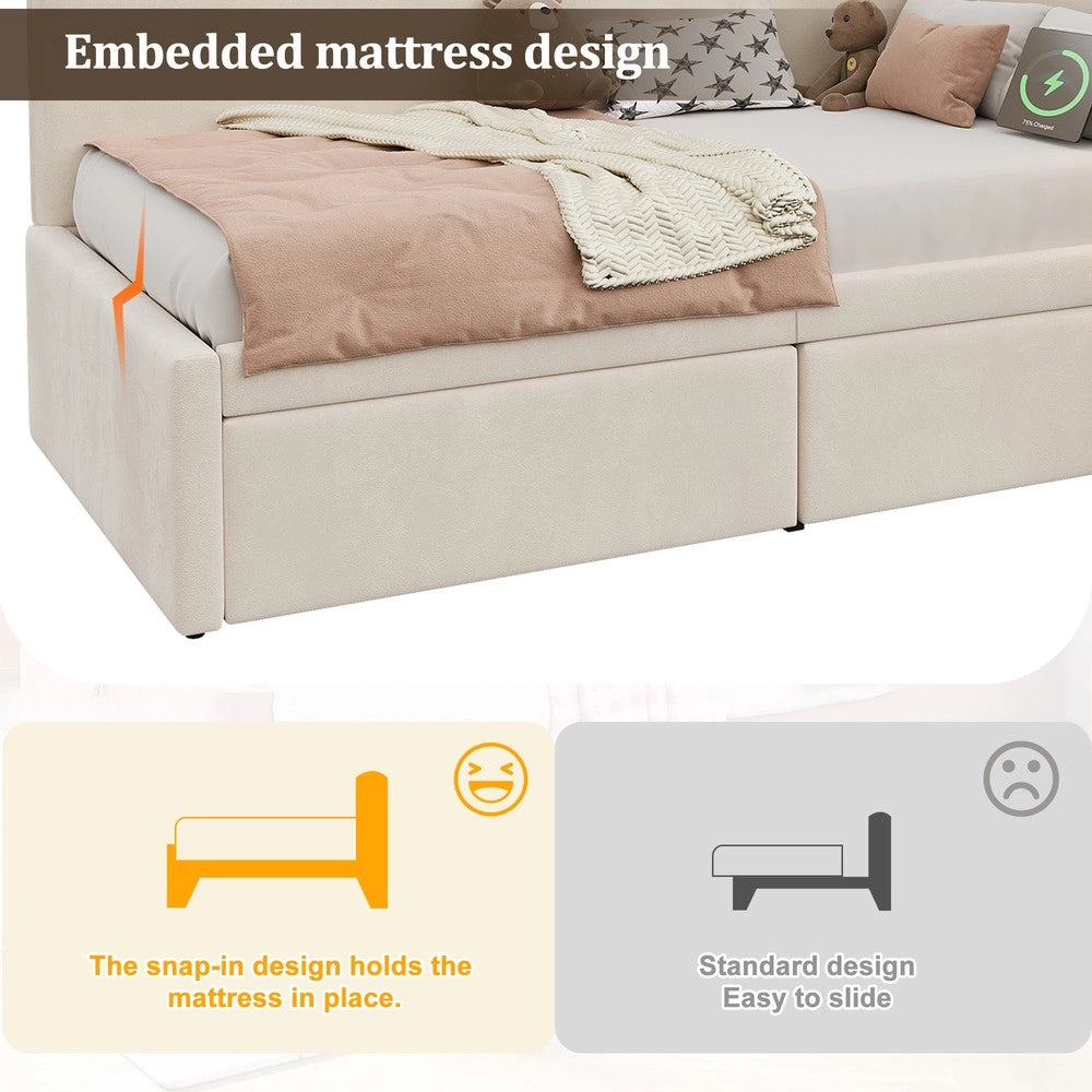 Letto Imbottito con Cassetti ¨C Xylo ¨C Velluto Beige 90x200 cm