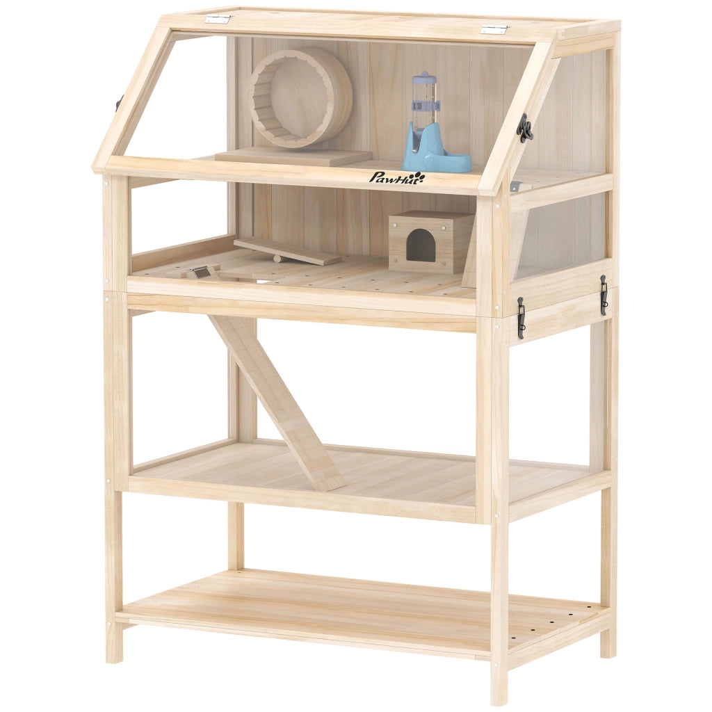 Gabbia per criceti 3 piani con ruota e pannello acrilico 80x53x117cm ¨C zephmum ¨C effetto legno naturale