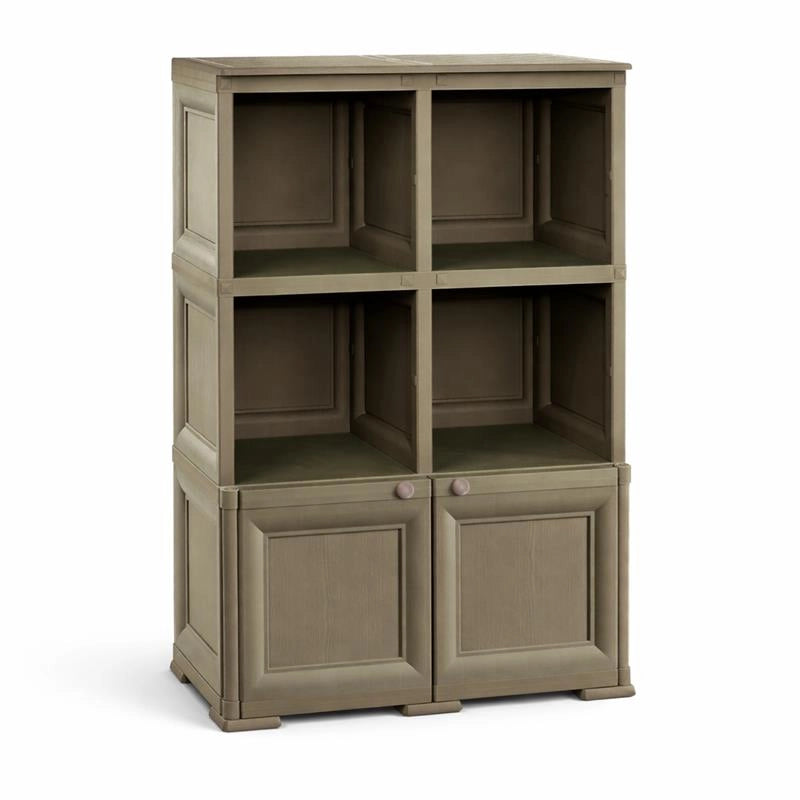 ARMADIO IN PLASTICA EFFETTO LEGNO CON 1 MODULO CHIUSO E 2 SCAFFALI APERTI – MOBILE CONTENITORE PER SALOTTO E BALCONE COPERTO