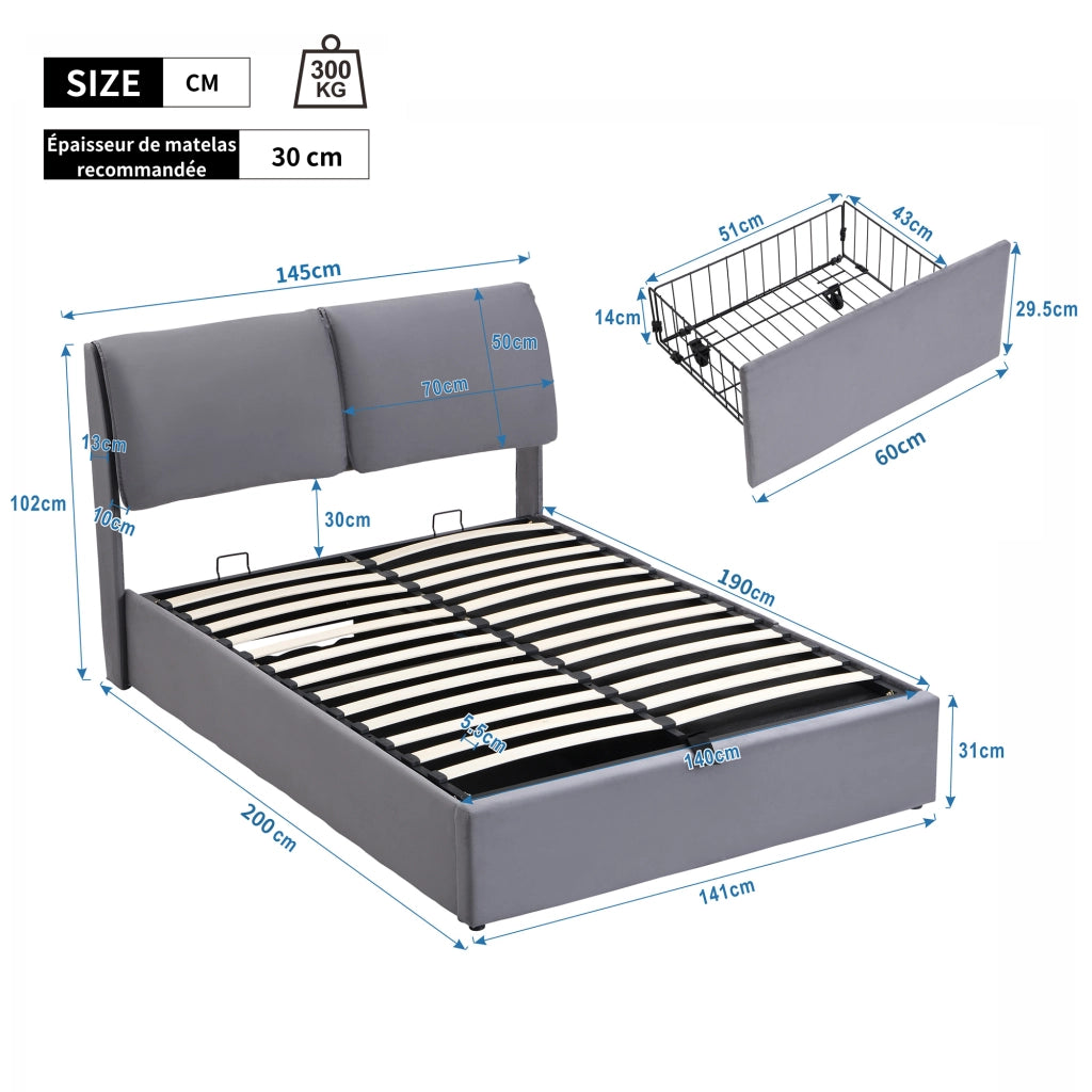 LETTO Contenitore Idraulico 140x190 cm Velluto Grigio con 3 cassetti