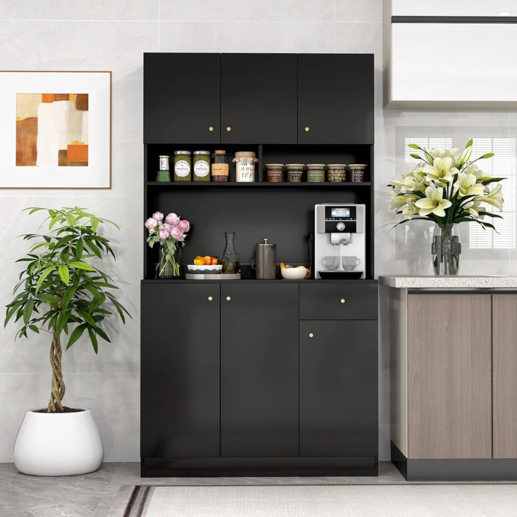 Armadio alto 181cm armadio da cucina con prese e porte usb-Credenza da Cucina-Ripiani regolabili in 3 posizioni Nero