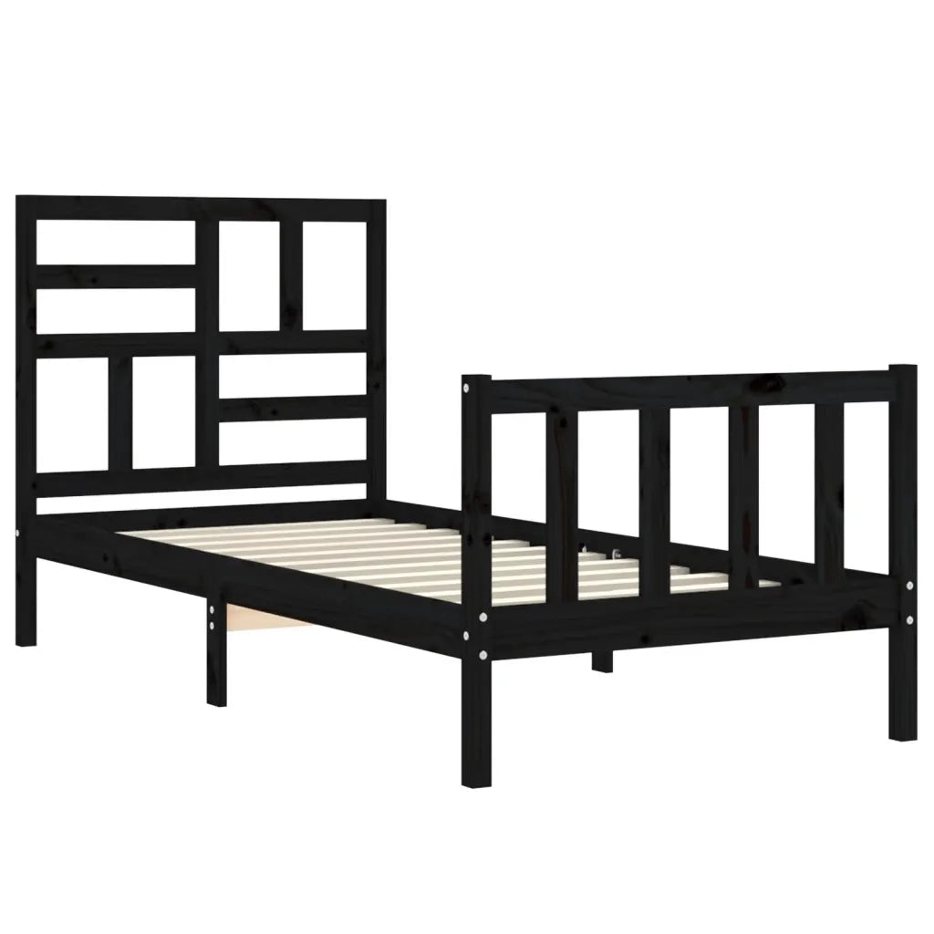 Letto singolo | Letto per adulti | Giroletto con Testiera Nero Small Single in Legno Massello