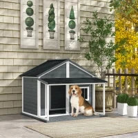 Cuccia per Cani da Esterno con Terrazza, Finestra e Tetto Impermeabile, 124x112x105cm, Grigio