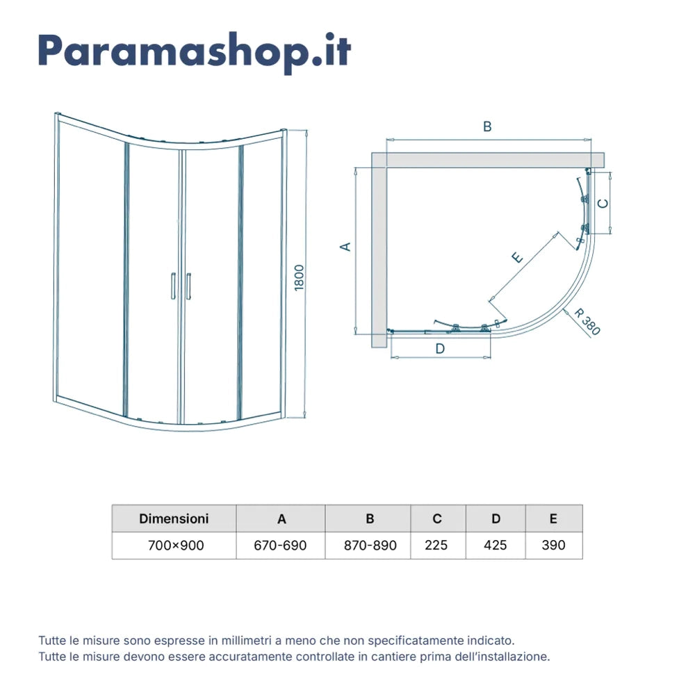 Box doccia 70x90cm semicircolare apertura scorrevole cristallo 6mm trasparente h180 | Java