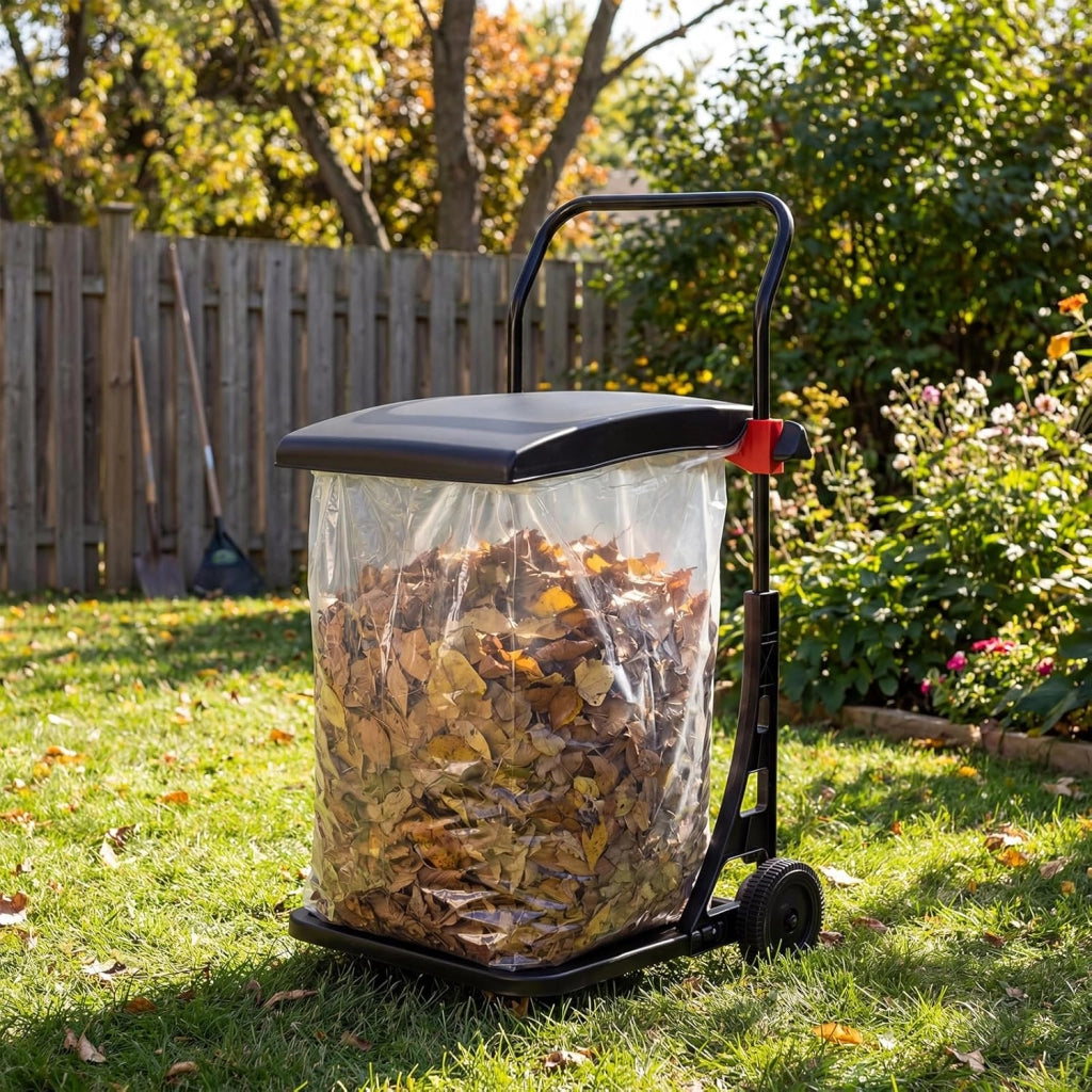 Carrello Portasacco Immondizia da Giardino, Supporto Porta Sacchi di Diverse Dimensioni, con Ruote, Coperchio e Altezza Regolabile, Carriola per Foglie, Rifiuti, Raccolta Differenziata